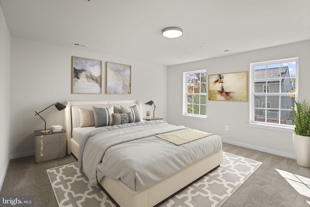 bedroom with multiple windows and light colored carpet