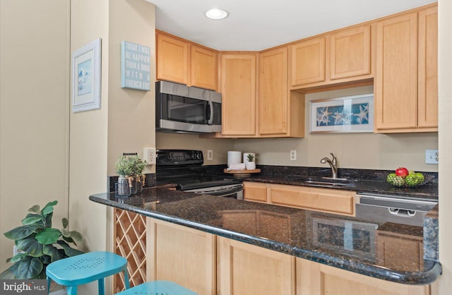 kitchen with appliances with stainless steel finishes, light brown cabinets, dark stone counters, and sink