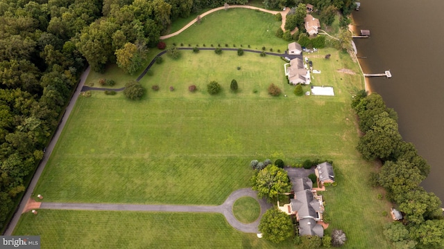 bird's eye view featuring a rural view and a water view