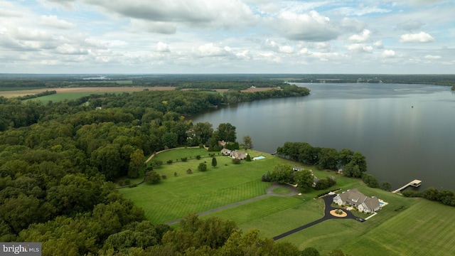 drone / aerial view featuring a water view and a rural view