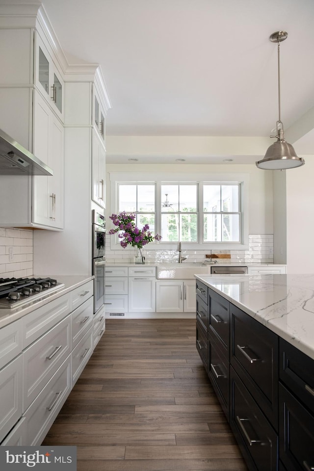 kitchen featuring white cabinets, hanging light fixtures, decorative backsplash, and a wealth of natural light