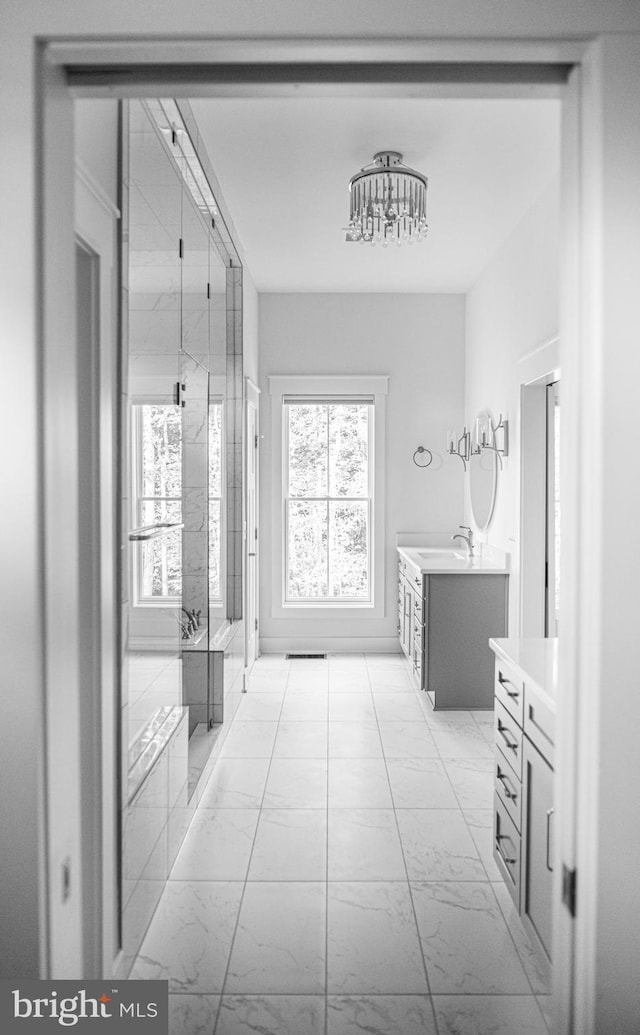 bathroom featuring vanity and a shower with shower door