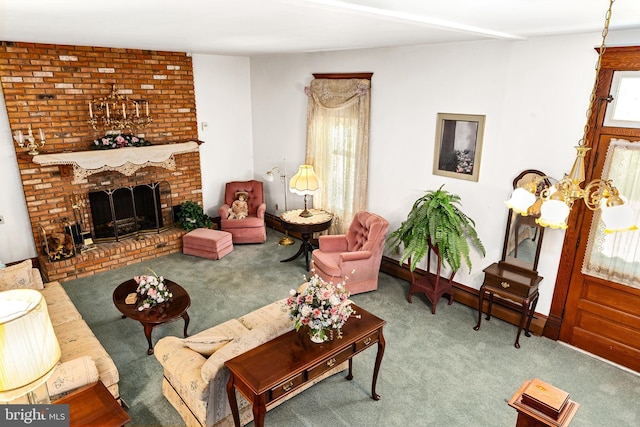 carpeted living room with a brick fireplace