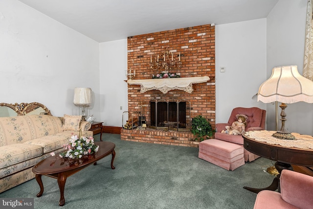 carpeted living room featuring a fireplace