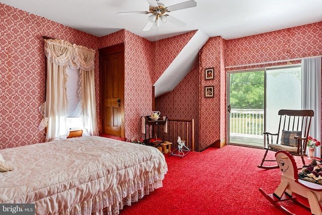 bedroom featuring wallpapered walls, access to outside, carpet floors, and ceiling fan