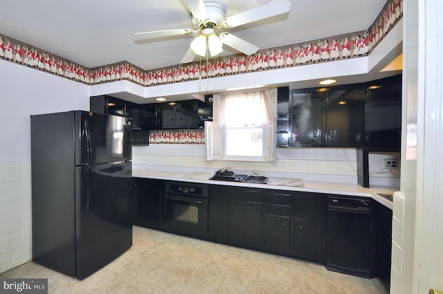 kitchen with black appliances, light countertops, a ceiling fan, and dark cabinets