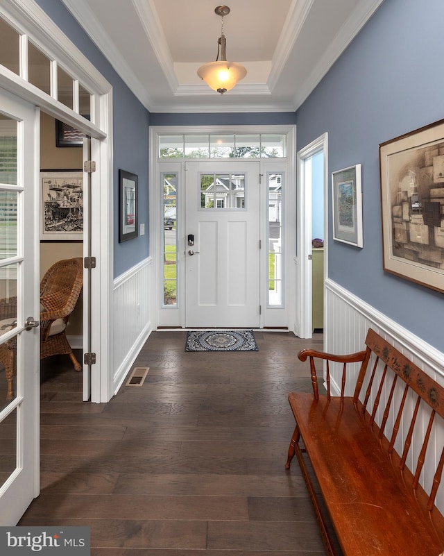 foyer featuring ornamental molding, a raised ceiling, and dark wood-type flooring