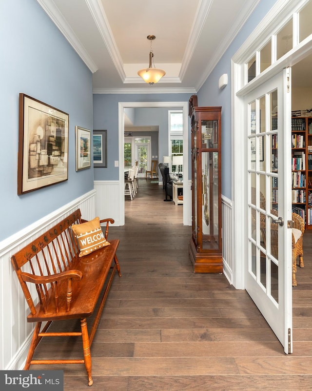 interior space with ornamental molding, dark wood-type flooring, a tray ceiling, and french doors