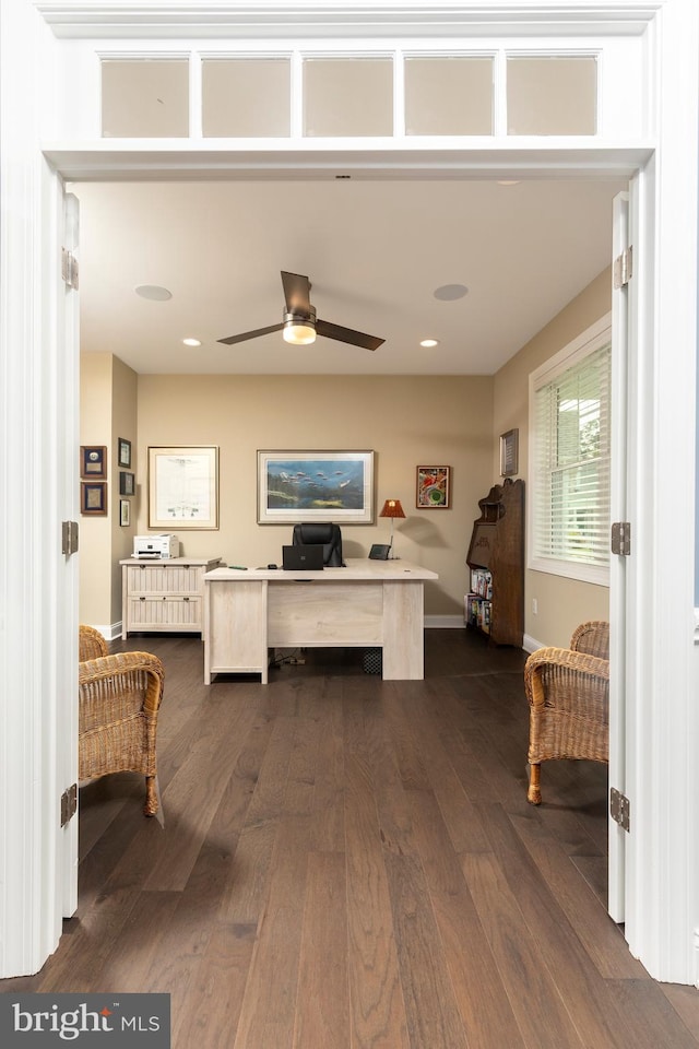 interior space featuring ceiling fan and dark hardwood / wood-style floors