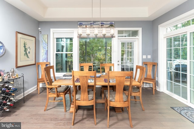 dining space featuring hardwood / wood-style flooring and a chandelier