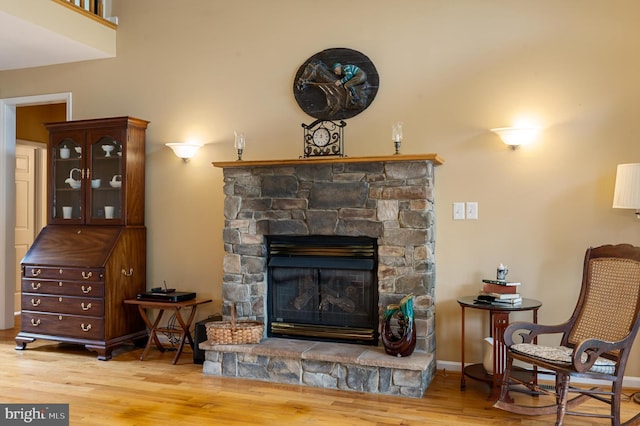 living room featuring a stone fireplace and light wood-type flooring