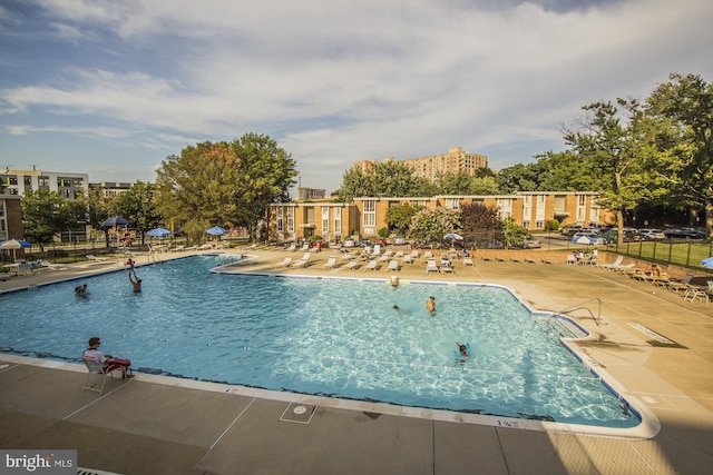 view of swimming pool featuring a patio