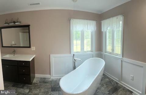 bathroom featuring vanity and a washtub