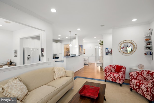 living room with light wood-type flooring and crown molding