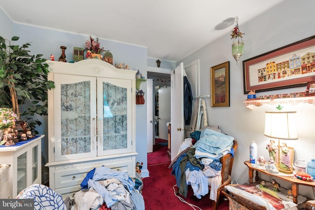 interior space featuring dark colored carpet