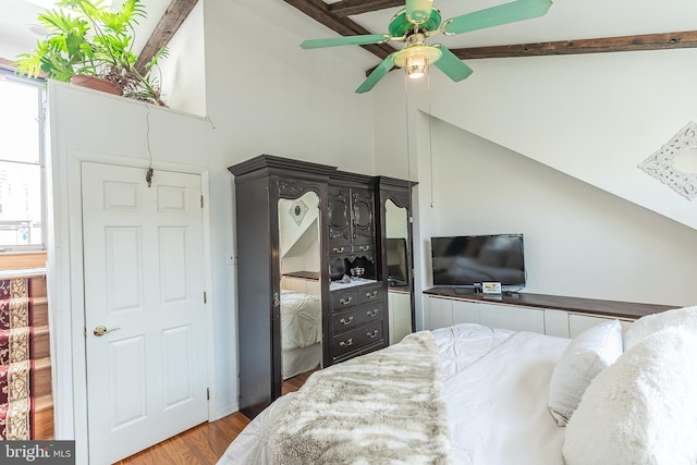 bedroom with high vaulted ceiling, wood-type flooring, ceiling fan, and beam ceiling