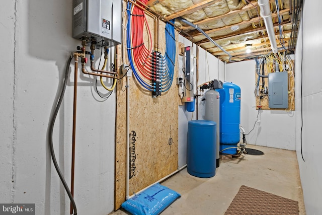 utility room with water heater and electric panel