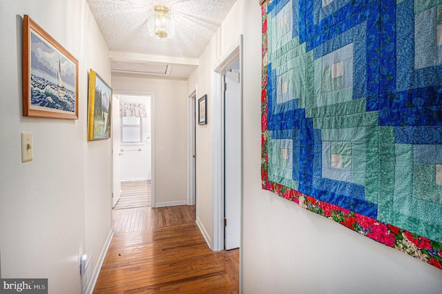 hallway with a textured ceiling and hardwood / wood-style flooring