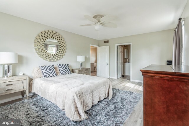 bedroom with ceiling fan and light hardwood / wood-style flooring