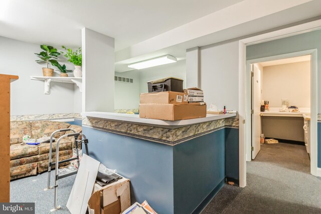 kitchen with carpet flooring and kitchen peninsula