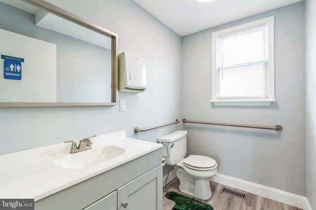 bathroom with hardwood / wood-style floors, vanity, and toilet