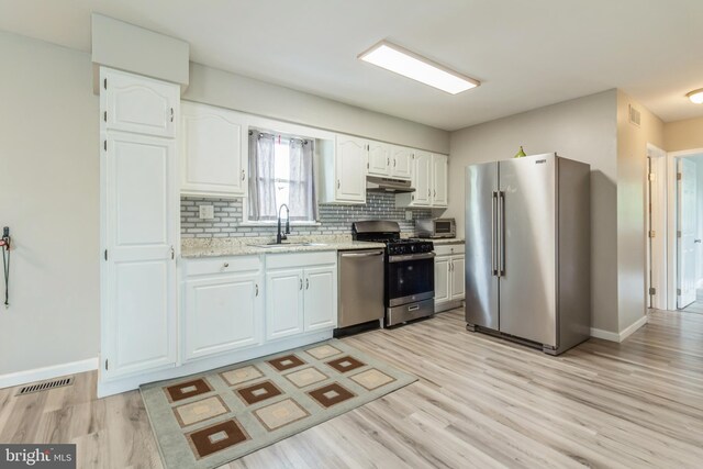 kitchen with light wood-type flooring, sink, white cabinets, decorative backsplash, and appliances with stainless steel finishes