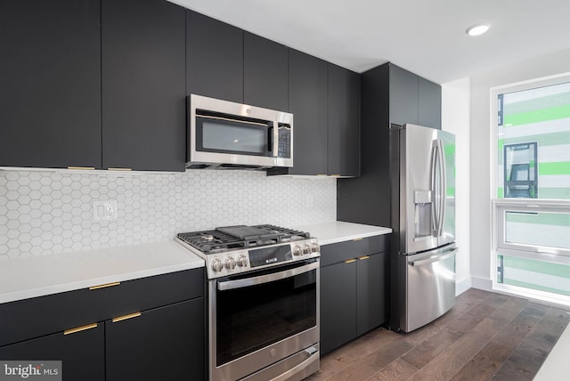 kitchen with backsplash, stainless steel appliances, and dark hardwood / wood-style floors