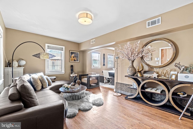 living room with light hardwood / wood-style flooring