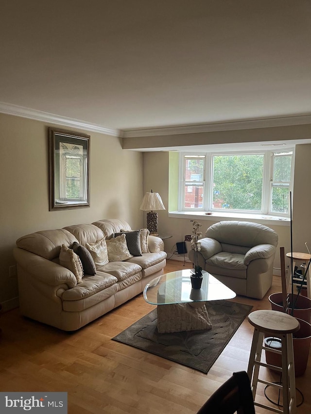 living room with ornamental molding and light wood-type flooring