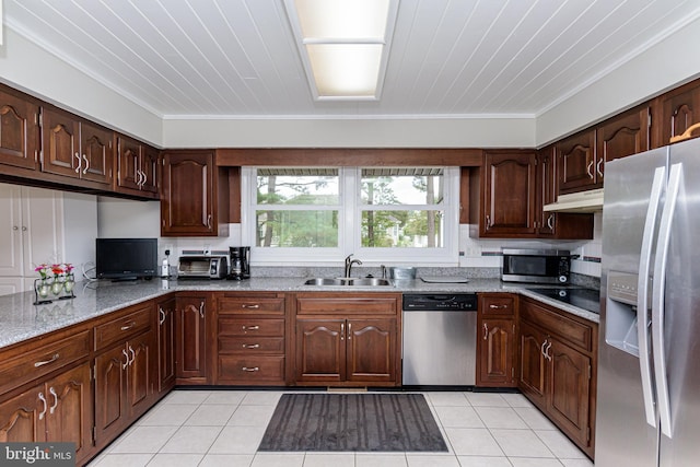 kitchen featuring crown molding, sink, stainless steel appliances, and light stone countertops