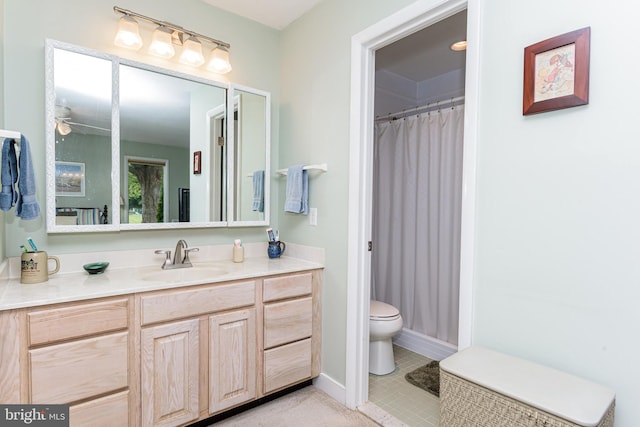 bathroom featuring ceiling fan, vanity, tile patterned flooring, and toilet