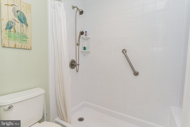 bathroom with a shower with curtain and toilet