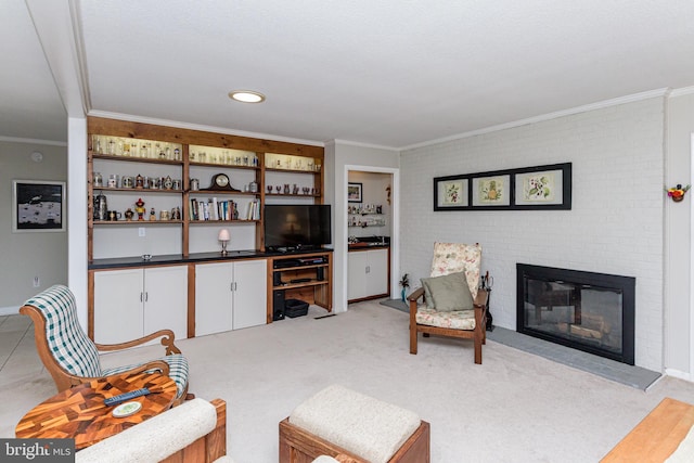 living room featuring crown molding, light carpet, and a brick fireplace