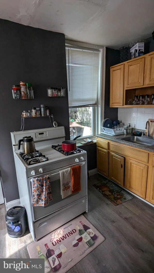 kitchen featuring decorative backsplash, stainless steel gas range oven, sink, and dark hardwood / wood-style flooring