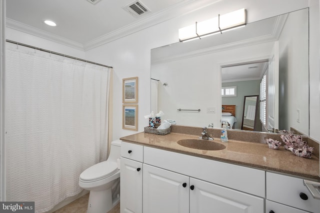 bathroom with ornamental molding, vanity, tile patterned flooring, and toilet