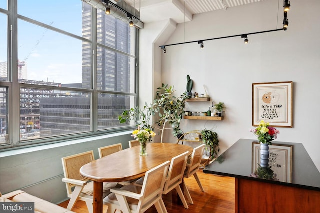 dining space featuring a view of city and wood finished floors