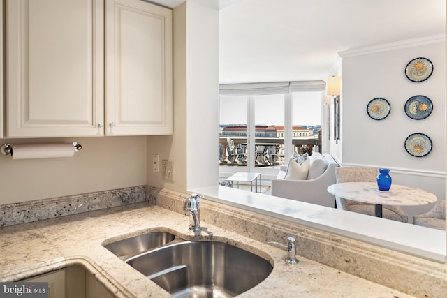 kitchen featuring crown molding, light countertops, and a sink