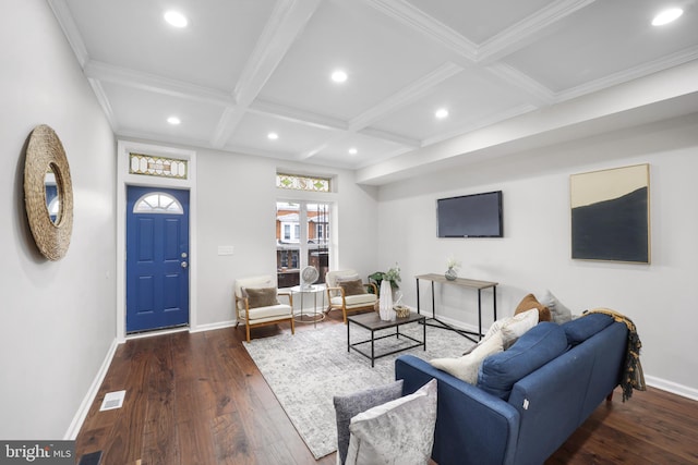 living room featuring coffered ceiling, ornamental molding, beam ceiling, and dark hardwood / wood-style flooring