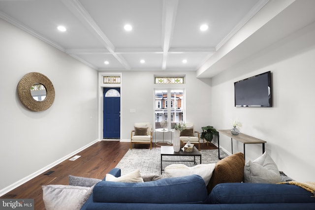 living room with ornamental molding, beam ceiling, coffered ceiling, and dark hardwood / wood-style floors