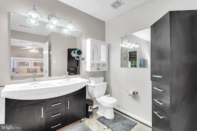 bathroom with vanity, toilet, and ceiling fan