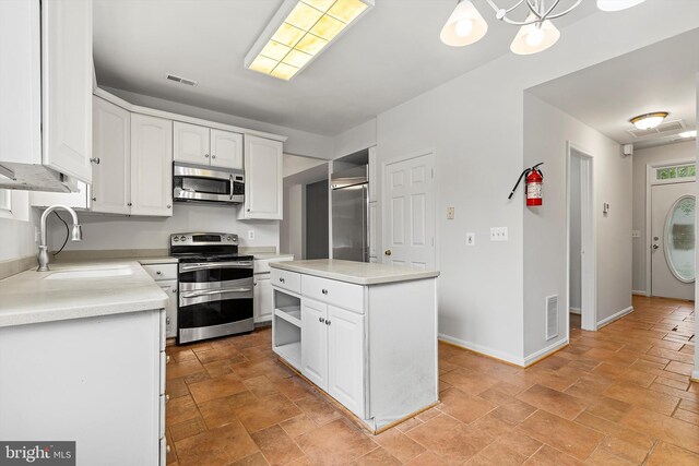 kitchen featuring pendant lighting, sink, white cabinets, a kitchen island, and stainless steel appliances