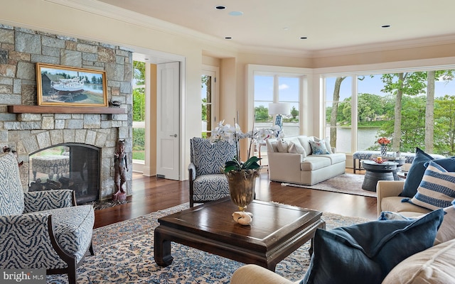 living room with wood-type flooring, a fireplace, and crown molding