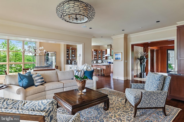 living room with ornamental molding and dark wood-type flooring