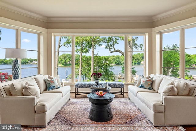 interior space featuring hardwood / wood-style flooring, ornamental molding, and a water view