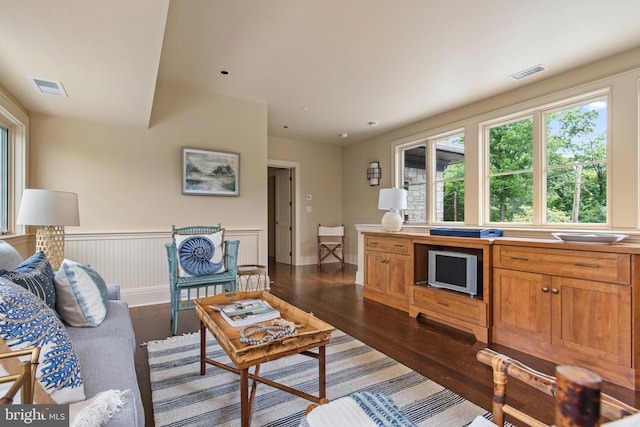 living room featuring dark wood-type flooring