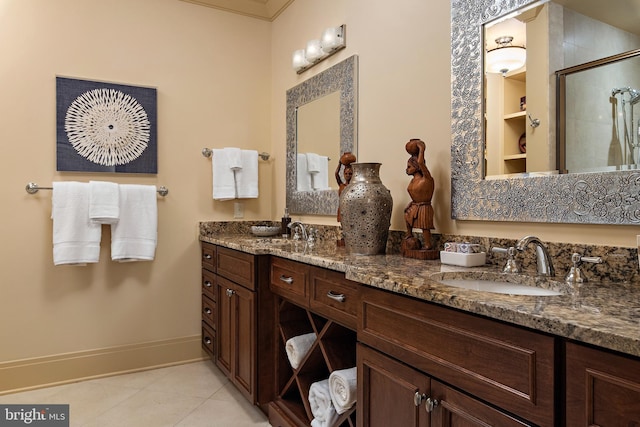 bathroom with vanity, tile patterned floors, and an enclosed shower