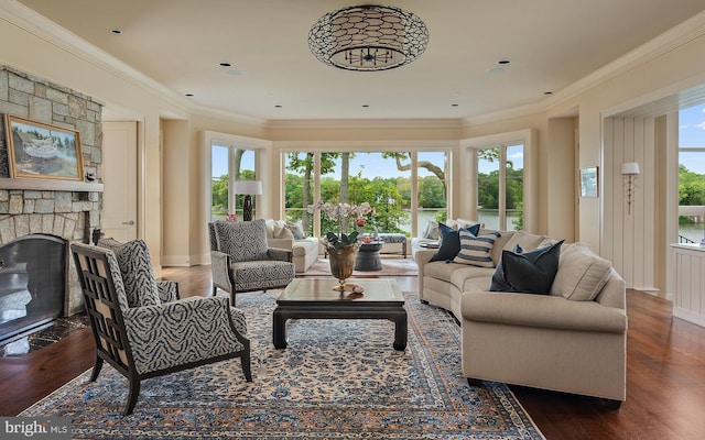 living room with a fireplace, ornamental molding, and dark hardwood / wood-style floors