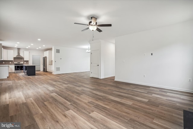 LOTD Beaver Dam Road, Jeffersonton, VA 22724 - unfurnished living room with visible vents, baseboards, recessed lighting, ceiling fan with notable chandelier, and wood finished floors