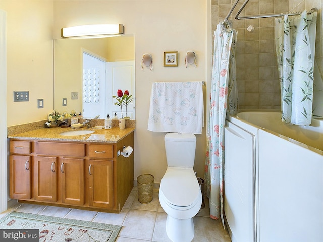 full bathroom with vanity, toilet, shower / tub combo with curtain, and tile patterned floors