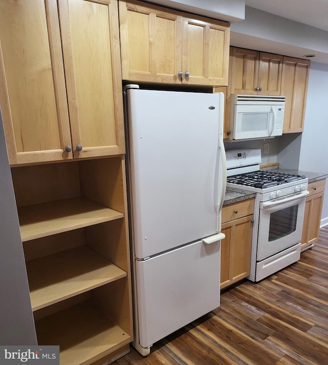 kitchen with white appliances, dark hardwood / wood-style floors, and light brown cabinets